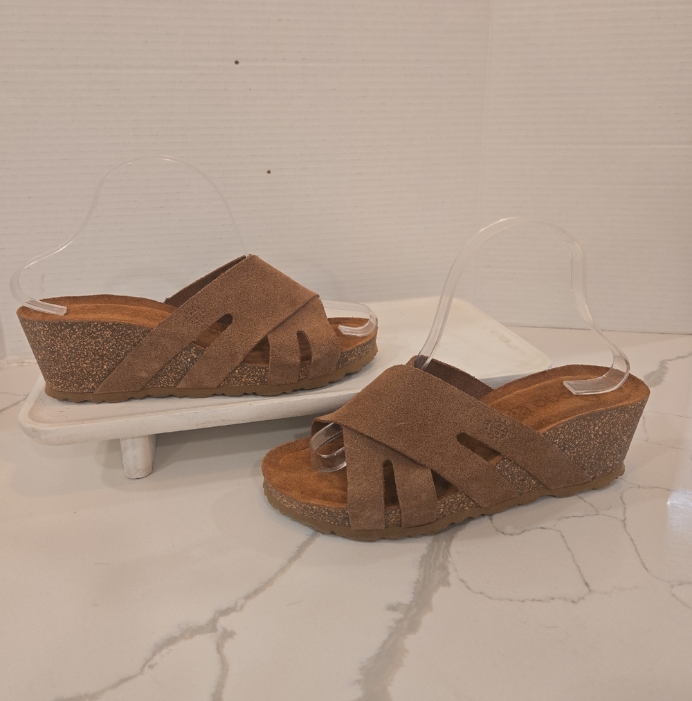 YOKONO Leather Sock Suede Open Toe Cork Wedge Sandals Womens Size 8 Boho